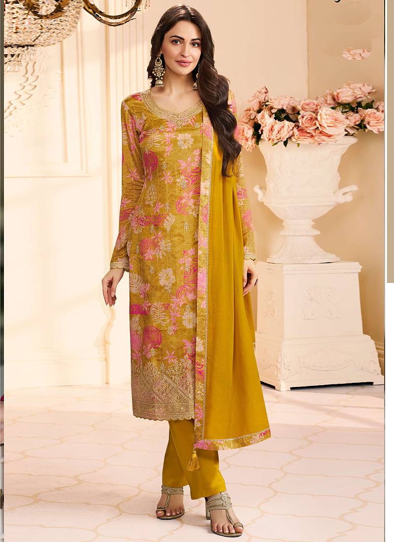 Yellow chinon silk embroidered digital print designer salwar suit