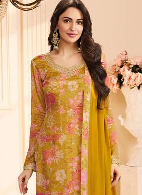 Yellow chinon silk embroidered digital print designer salwar suit 2