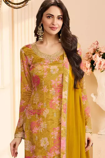 Yellow chinon silk embroidered digital print designer salwar suit
