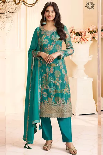 Turquoise chinon silk embroidered digital print designer salwar suit