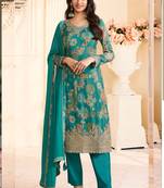 Turquoise chinon silk embroidered digital print designer salwar suit