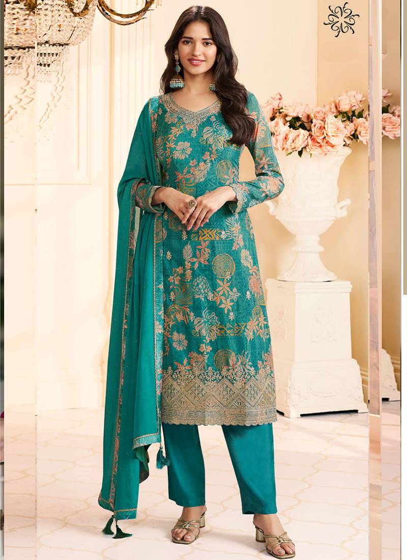 Turquoise chinon silk embroidered digital print designer salwar suit