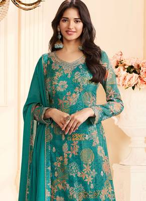 Turquoise chinon silk embroidered digital print designer salwar suit 2