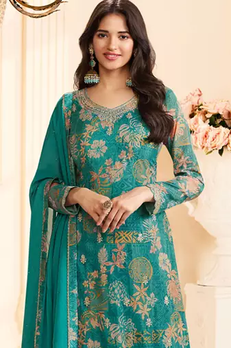 Turquoise chinon silk embroidered digital print designer salwar suit