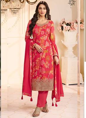 Red chinon silk embroidered digital print designer salwar suit 1