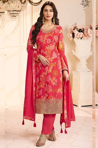 Red chinon silk embroidered digital print designer salwar suit
