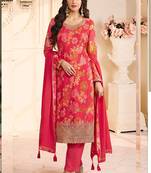 Red chinon silk embroidered digital print designer salwar suit