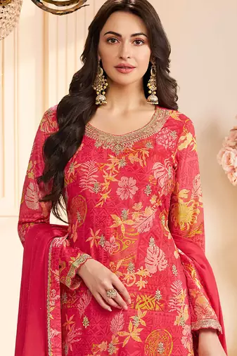 Red chinon silk embroidered digital print designer salwar suit
