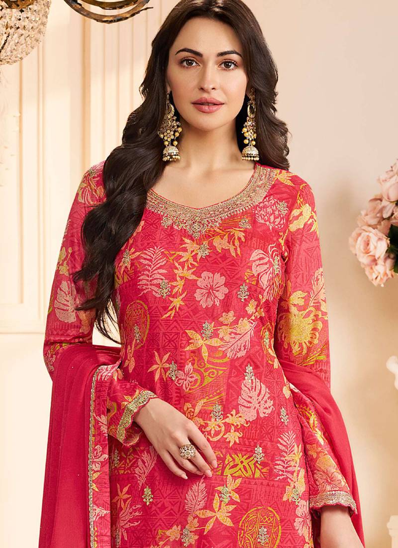 Red chinon silk embroidered digital print designer salwar suit