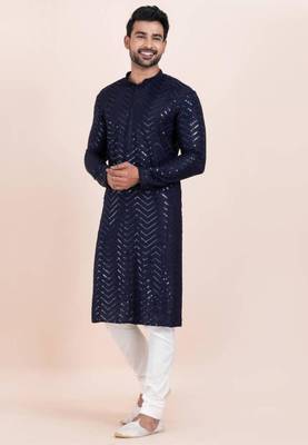 blue faux viscose kurta set with embroidered detail 1