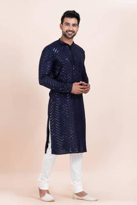 blue faux viscose kurta set with embroidered detail 2