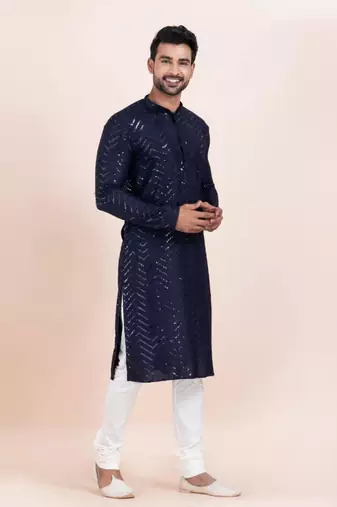 blue faux viscose kurta set with embroidered detail