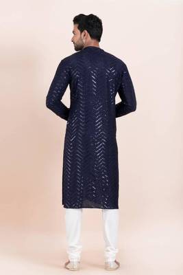 blue faux viscose kurta set with embroidered detail 3