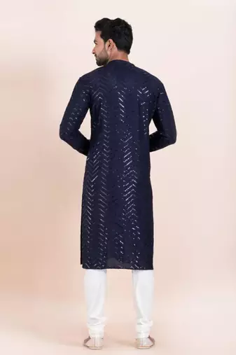 blue faux viscose kurta set with embroidered detail