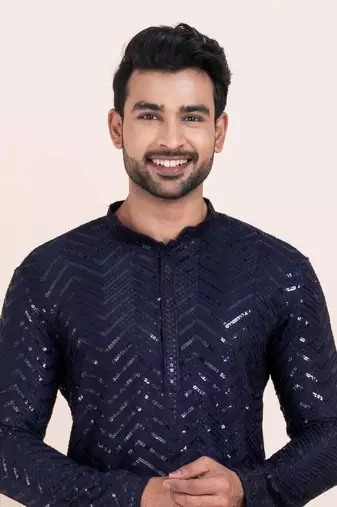 blue faux viscose kurta set with embroidered detail