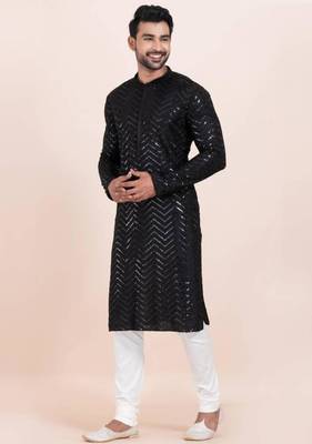 black faux viscose kurta pyjama with embroidered work 1
