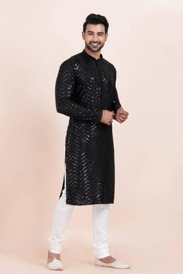 black faux viscose kurta pyjama with embroidered work 2