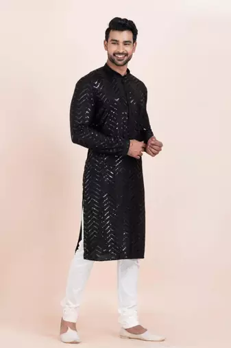 black faux viscose kurta pyjama with embroidered work