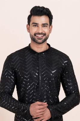 black faux viscose kurta pyjama with embroidered work 4