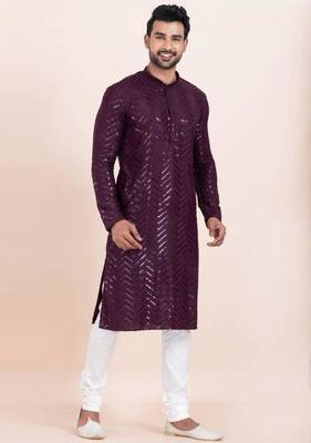 purple faux viscose kurta pyjama with embroidered work 1