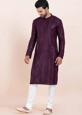 purple faux viscose kurta pyjama with embroidered work 2