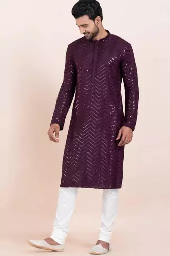 purple faux viscose kurta pyjama with embroidered work