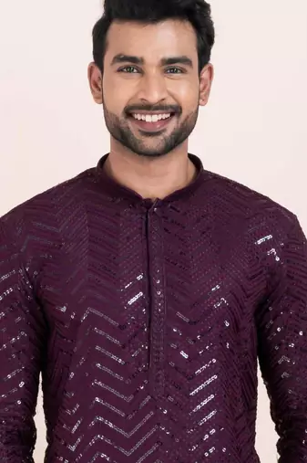 purple faux viscose kurta pyjama with embroidered work