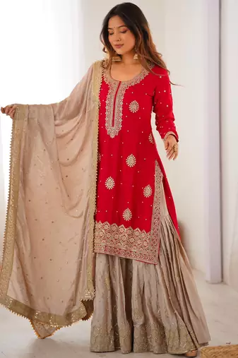 Chinon Silk Coding & Sequins Work Sharara Set with Pearl Detailing – Readymade Top, Sharara & Dupatta 