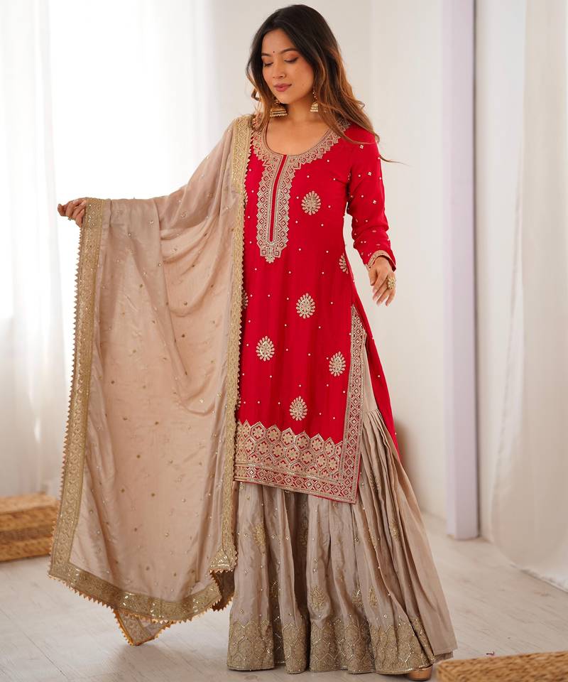 Chinon Silk Coding & Sequins Work Sharara Set with Pearl Detailing – Readymade Top, Sharara & Dupatta 