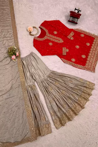 chinon silk coding & sequins work sharara set