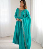 Teal Green Silk Sequin Anarkali with dupatta