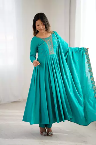 Teal Green Silk Sequin Anarkali with dupatta
