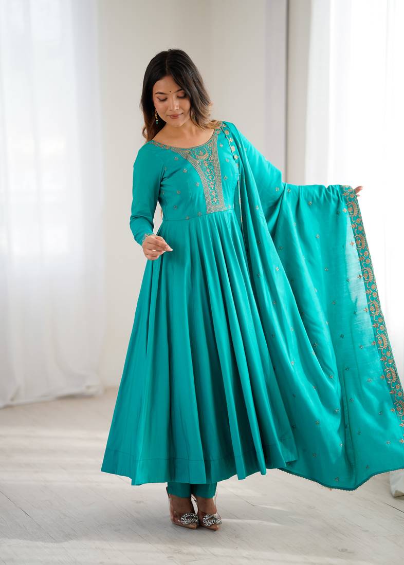 Teal Green Silk Sequin Anarkali with dupatta