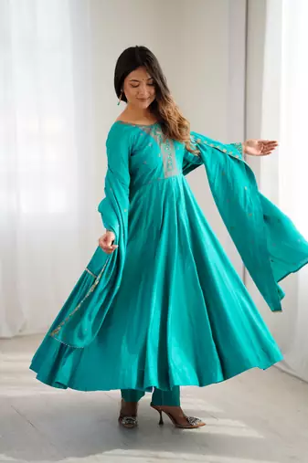 Teal Green Silk Sequin Anarkali with dupatta
