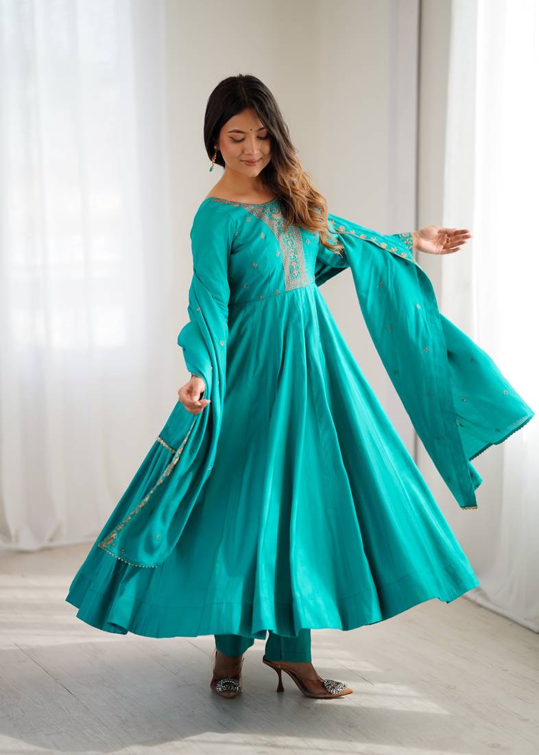 Teal Green Silk Sequin Anarkali with dupatta