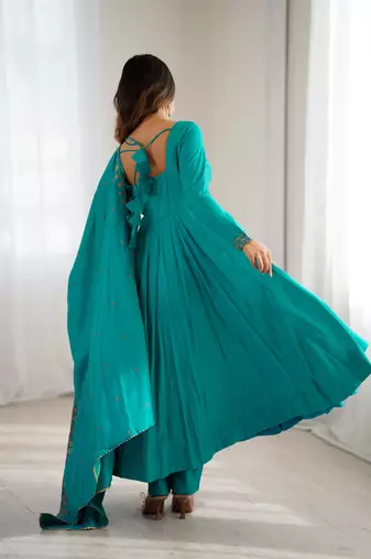 Teal Green Silk Sequin Anarkali with dupatta