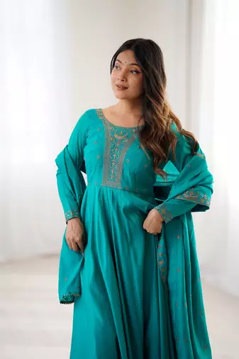 Teal Green Silk Sequin Anarkali with dupatta