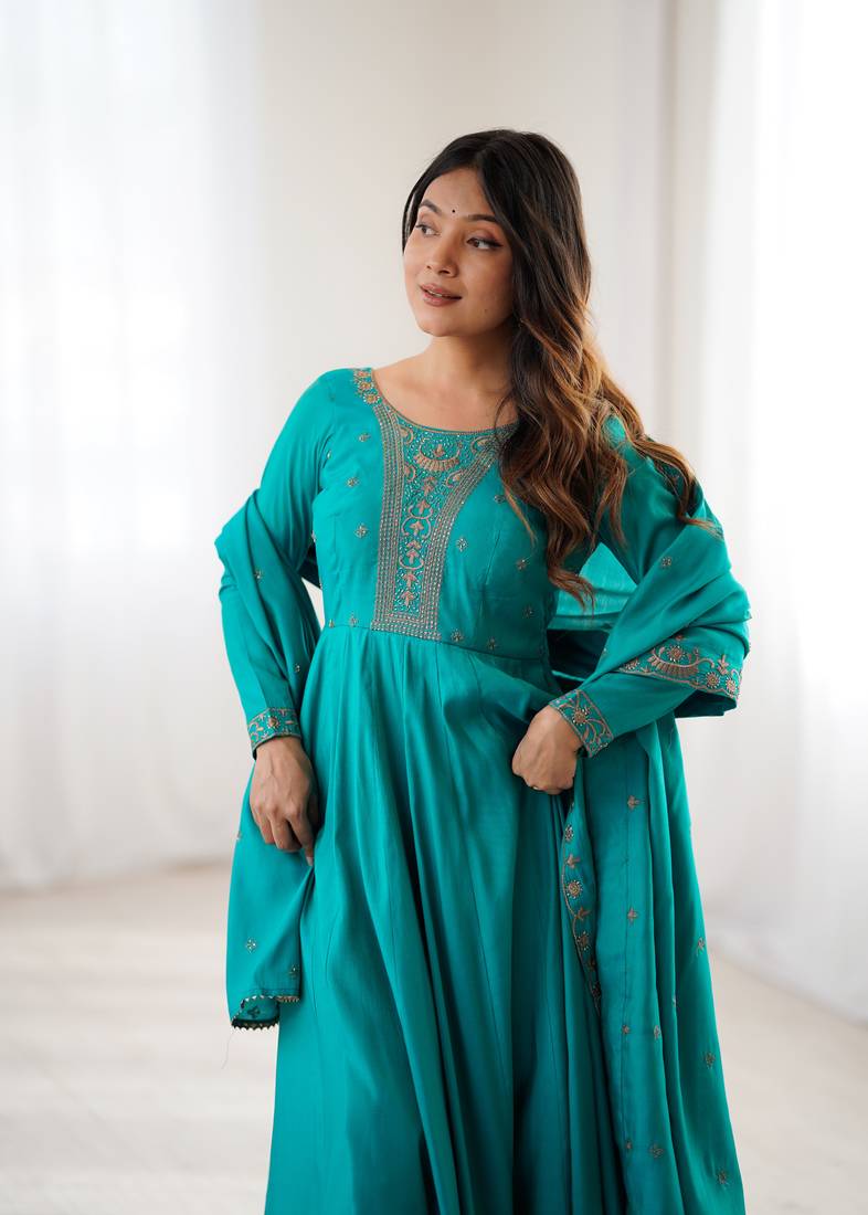 Teal Green Silk Sequin Anarkali with dupatta