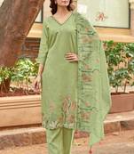Women Floral Embroidered Regular Roman Slik Kurta with Trousers & Dupatta