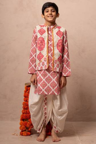 Pink cotton printed kurta dhoti jacket