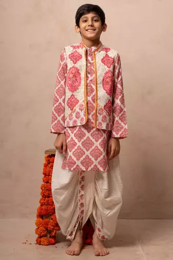 Pink cotton printed kurta dhoti jacket