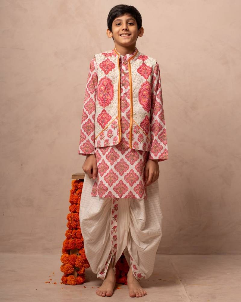 Pink cotton printed kurta dhoti jacket