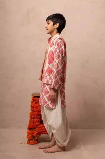 Pink cotton printed kurta dhoti jacket