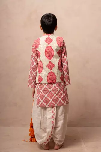 Pink cotton printed kurta dhoti jacket