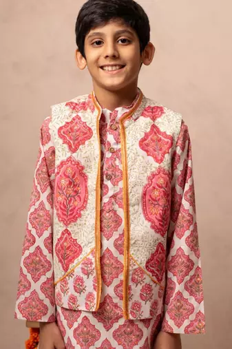 Pink cotton printed kurta dhoti jacket