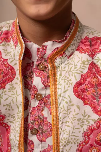 Pink cotton printed kurta dhoti jacket