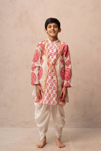 Pink cotton printed kurta dhoti