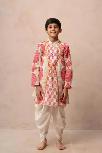 Pink cotton printed kurta dhoti
