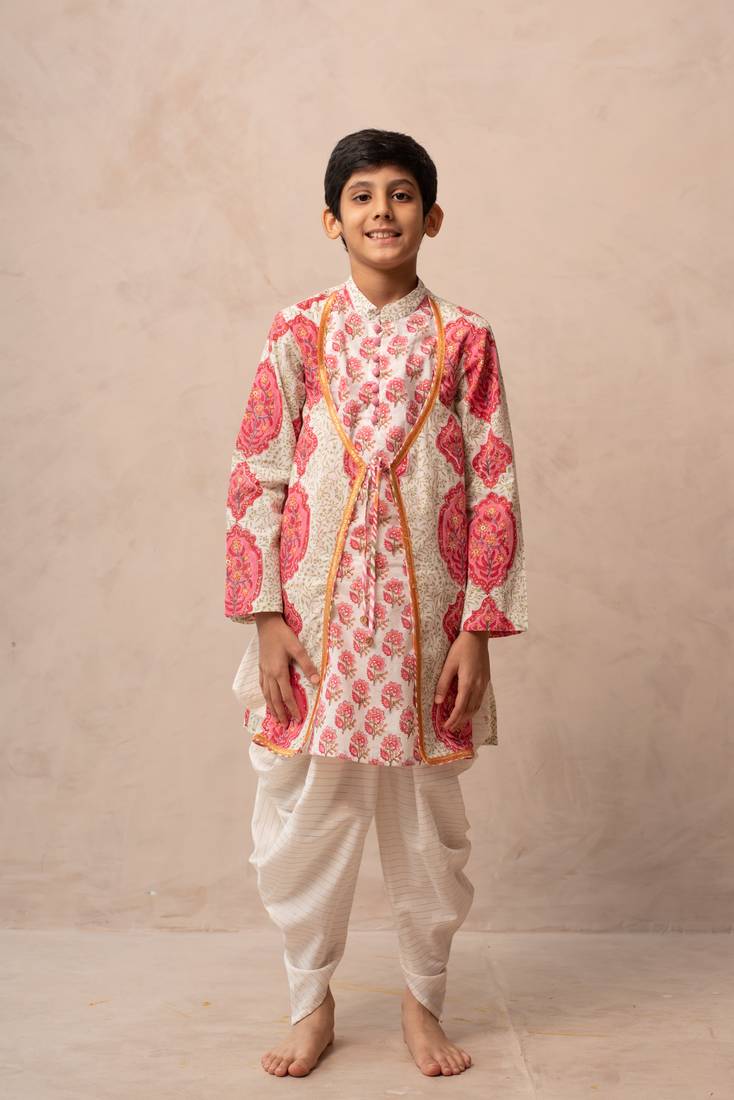 Pink cotton printed kurta dhoti