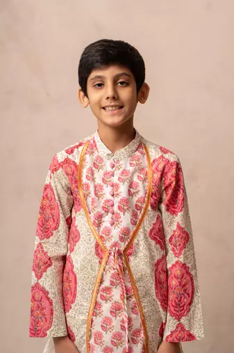 Pink cotton printed kurta dhoti